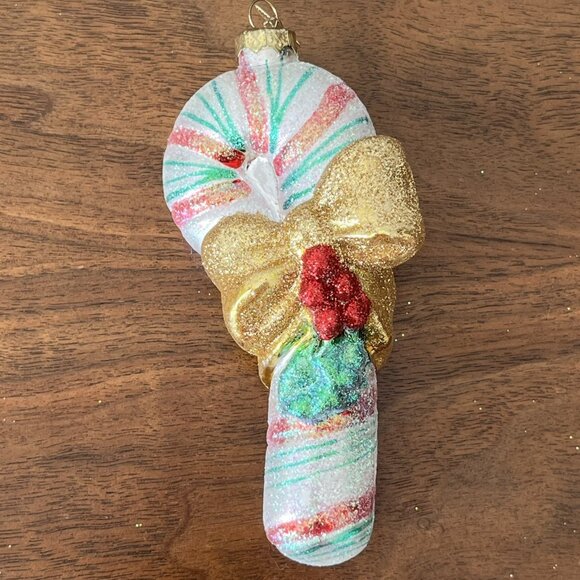 12/25 Blown Glass Candy Cane Ornament Large 5" Peppermint Stick Glitter Holiday - Picture 3 of 12